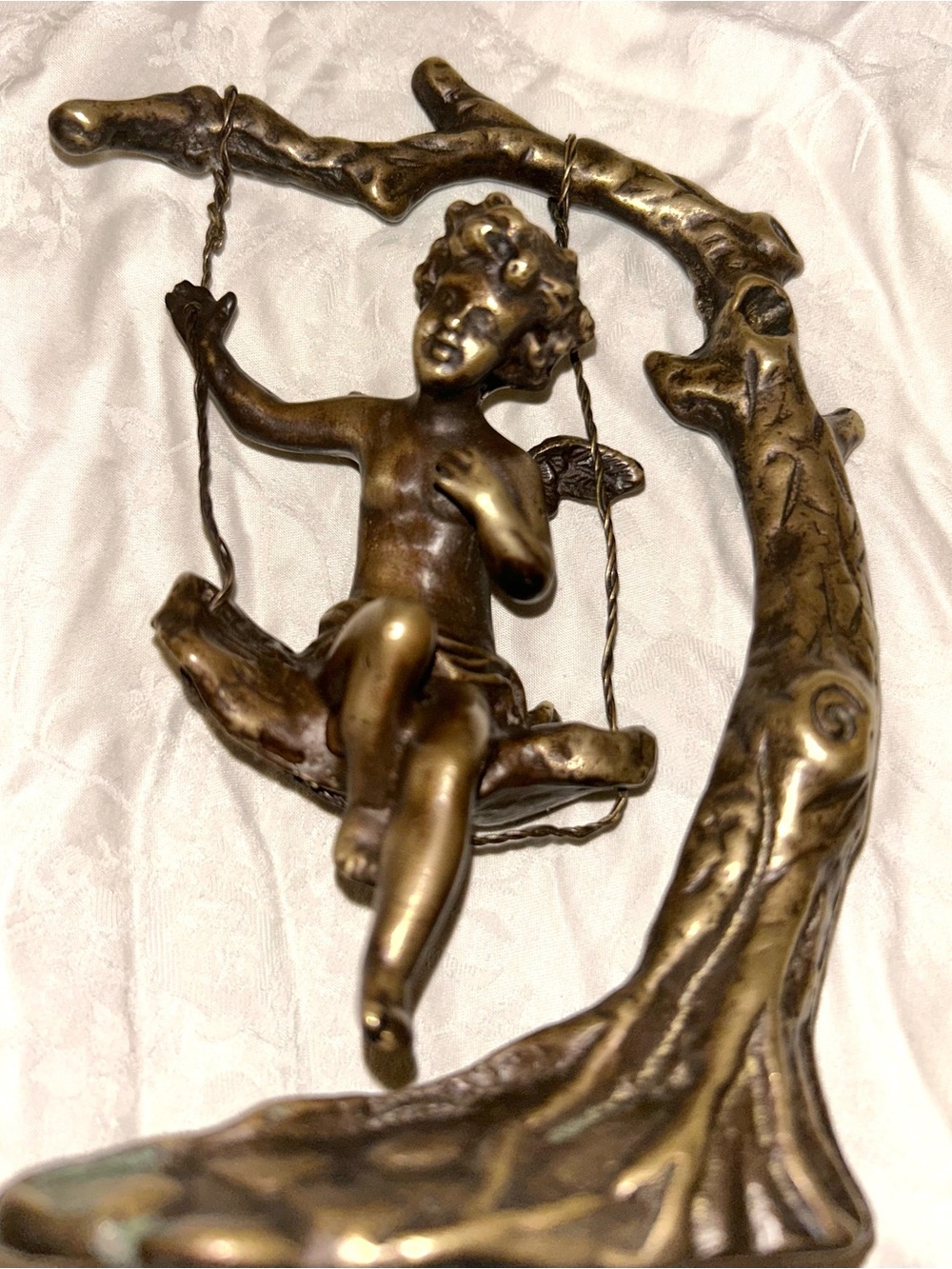 Auguste Moreau Cherub on Swing Figurine Art Nouveau Bronze Tone Marble Base
